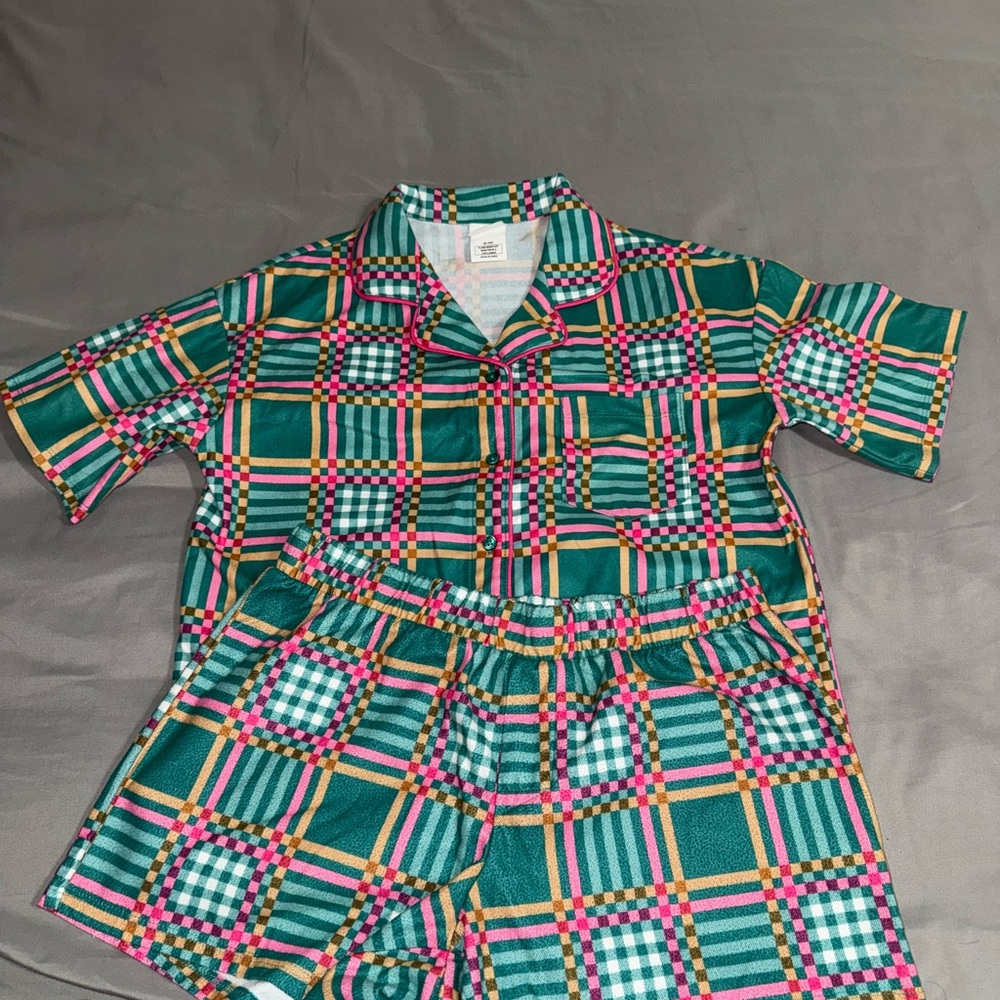 Art Class Green and Pink Pajama Set with Geometric Pattern